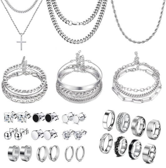 33 Pcs Jewelry Set for Men Stainless Steel Band Ring Cuban Link Necklace Bracelet Hoop Stud Earrings Mens Jewelry Set