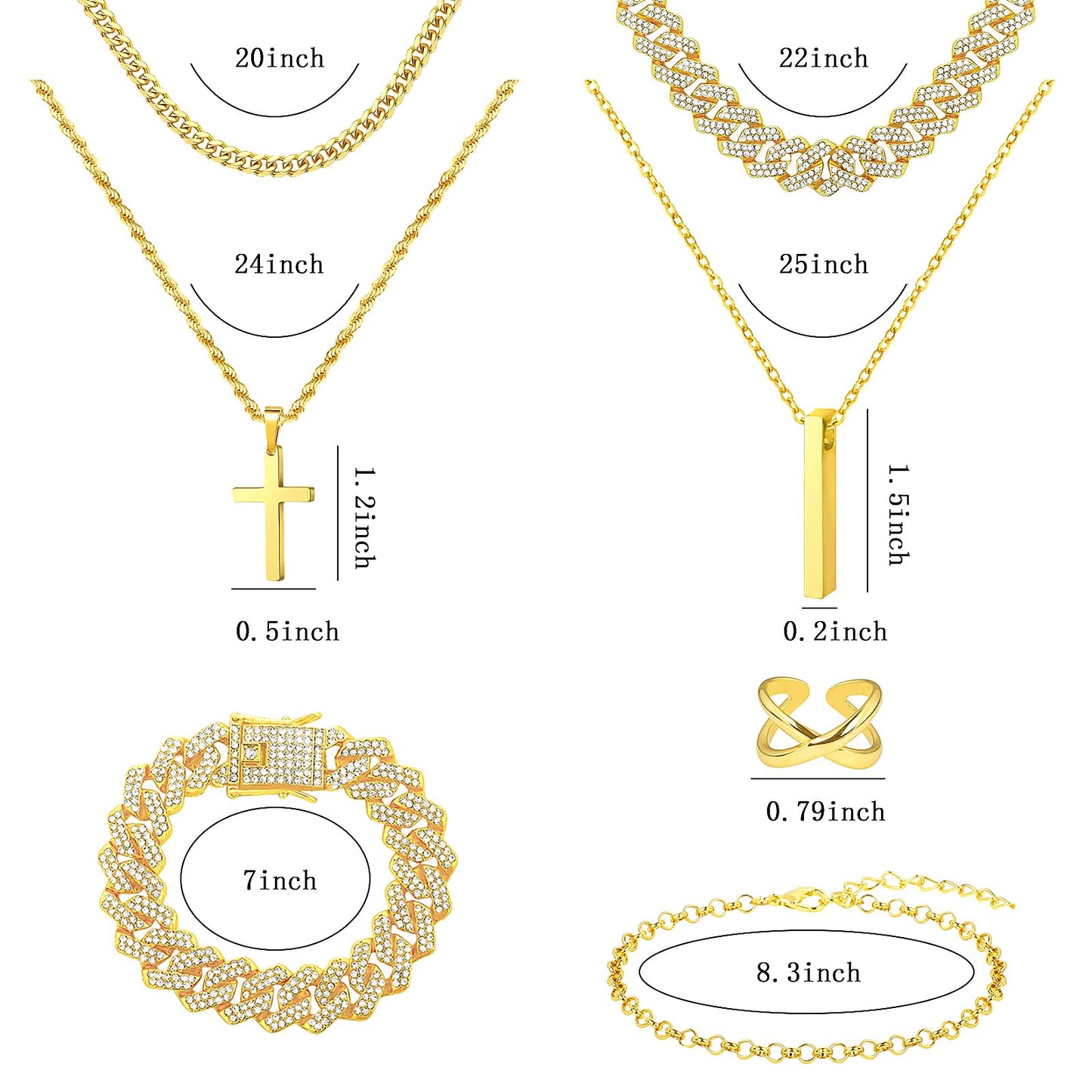 NEWITIN 15 Pieces Silver Jewelry Set for Men Stainless Steel Cuban Link Necklace Bracelet Cross Pendant Necklace Vintage Ring Cuban Jewelry Set for Men Women