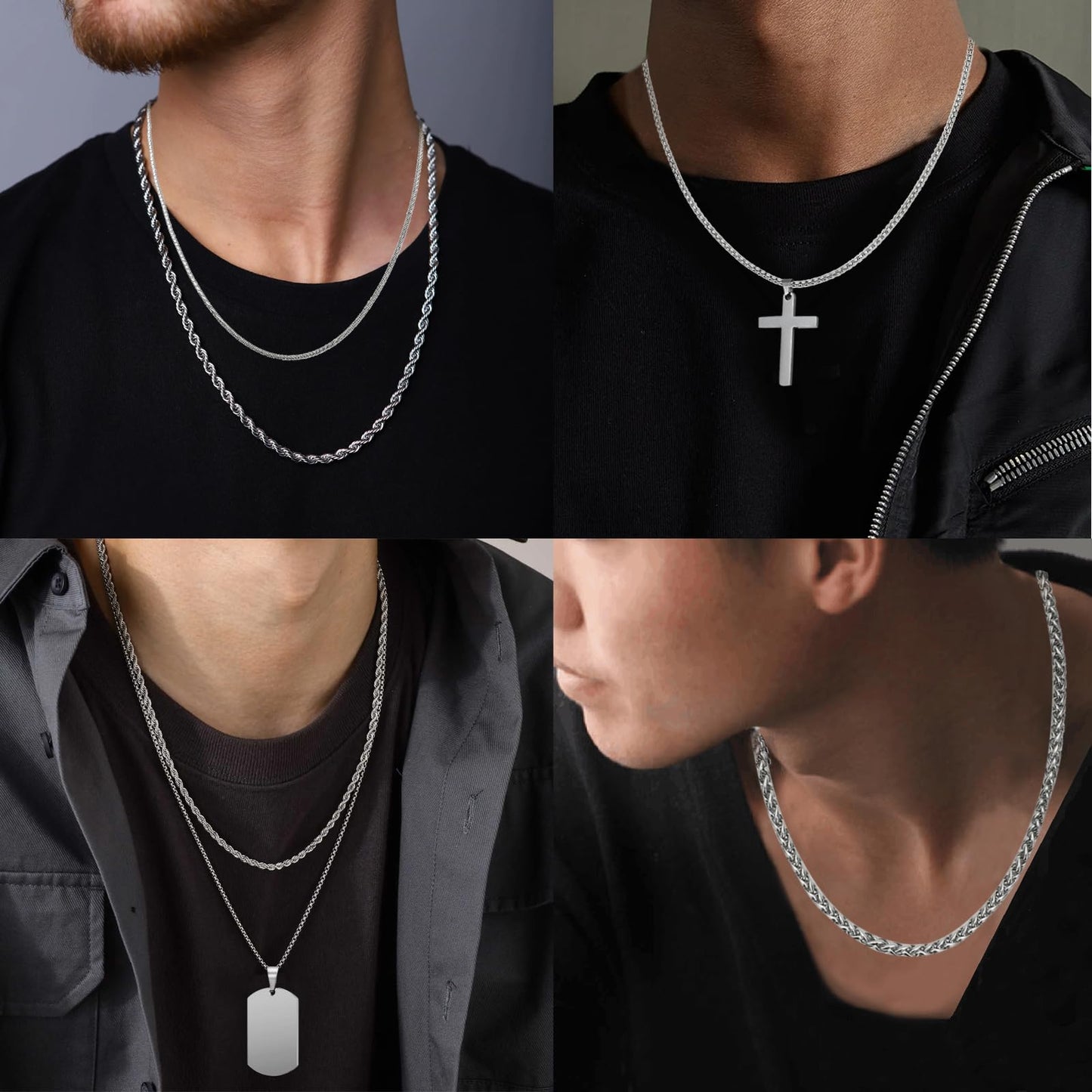 NEWITIN 15 Pieces Silver Jewelry Set for Men Stainless Steel Cuban Link Necklace Bracelet Cross Pendant Necklace Vintage Ring Cuban Jewelry Set for Men Women