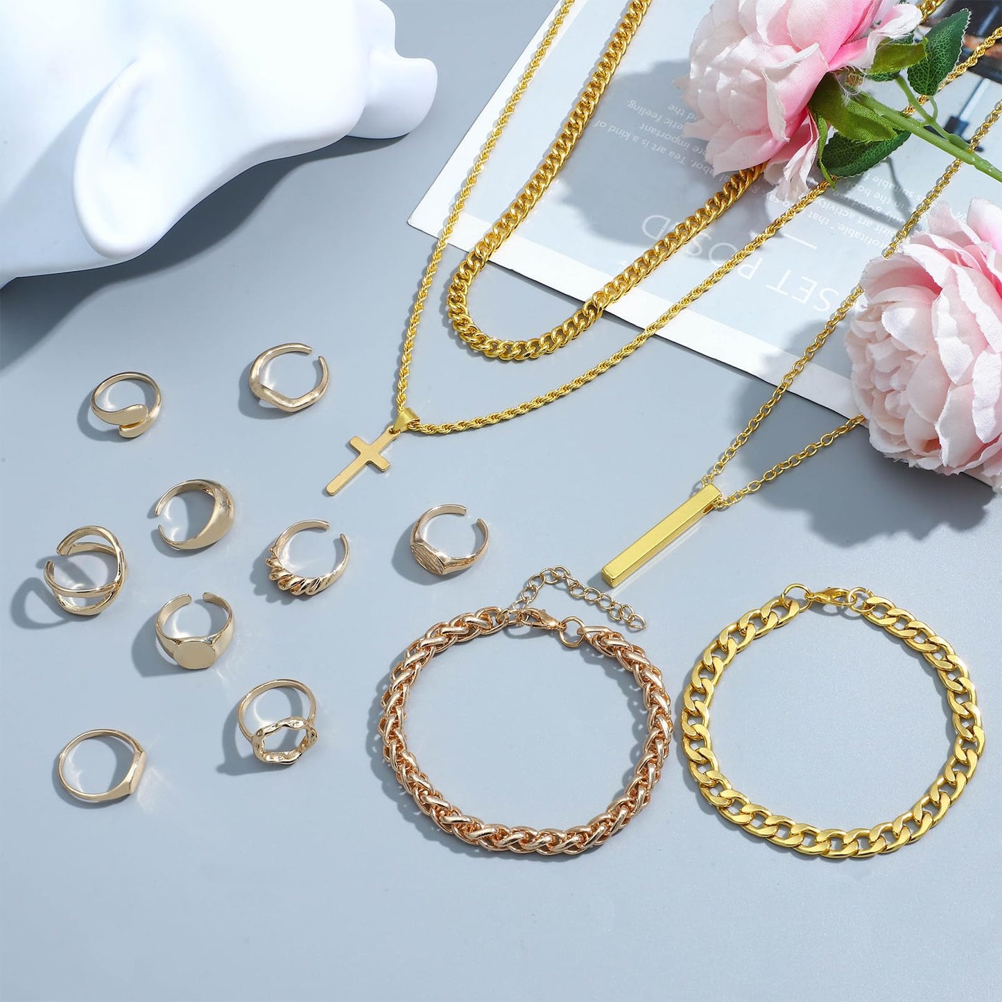 NEWITIN 15 Pieces Silver Jewelry Set for Men Stainless Steel Cuban Link Necklace Bracelet Cross Pendant Necklace Vintage Ring Cuban Jewelry Set for Men Women