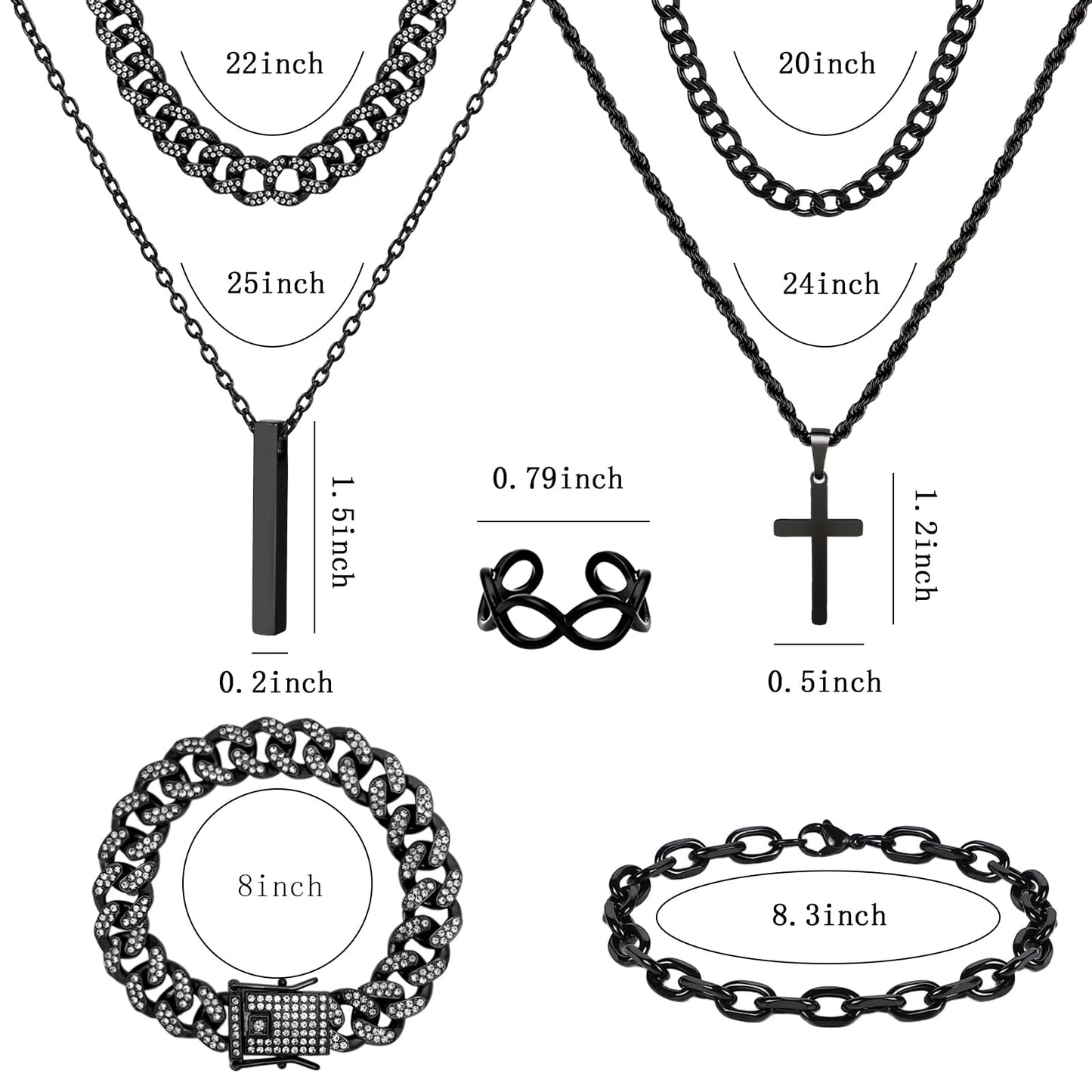 NEWITIN 15 Pieces Silver Jewelry Set for Men Stainless Steel Cuban Link Necklace Bracelet Cross Pendant Necklace Vintage Ring Cuban Jewelry Set for Men Women