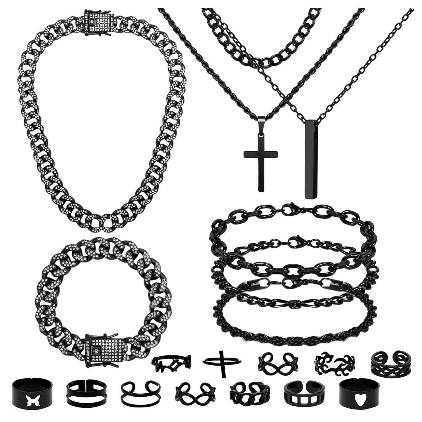 NEWITIN 15 Pieces Silver Jewelry Set for Men Stainless Steel Cuban Link Necklace Bracelet Cross Pendant Necklace Vintage Ring Cuban Jewelry Set for Men Women
