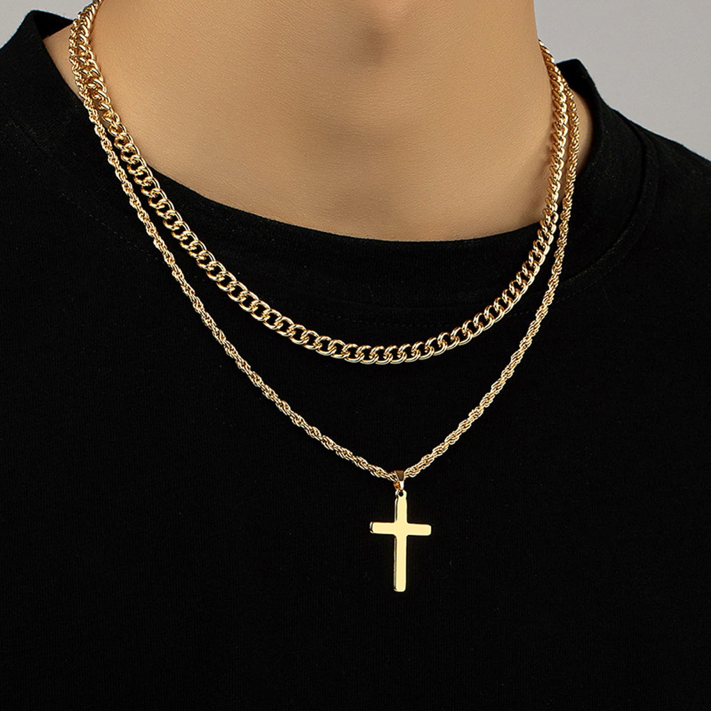 NEWITIN 15 Pieces Silver Jewelry Set for Men Stainless Steel Cuban Link Necklace Bracelet Cross Pendant Necklace Vintage Ring Cuban Jewelry Set for Men Women
