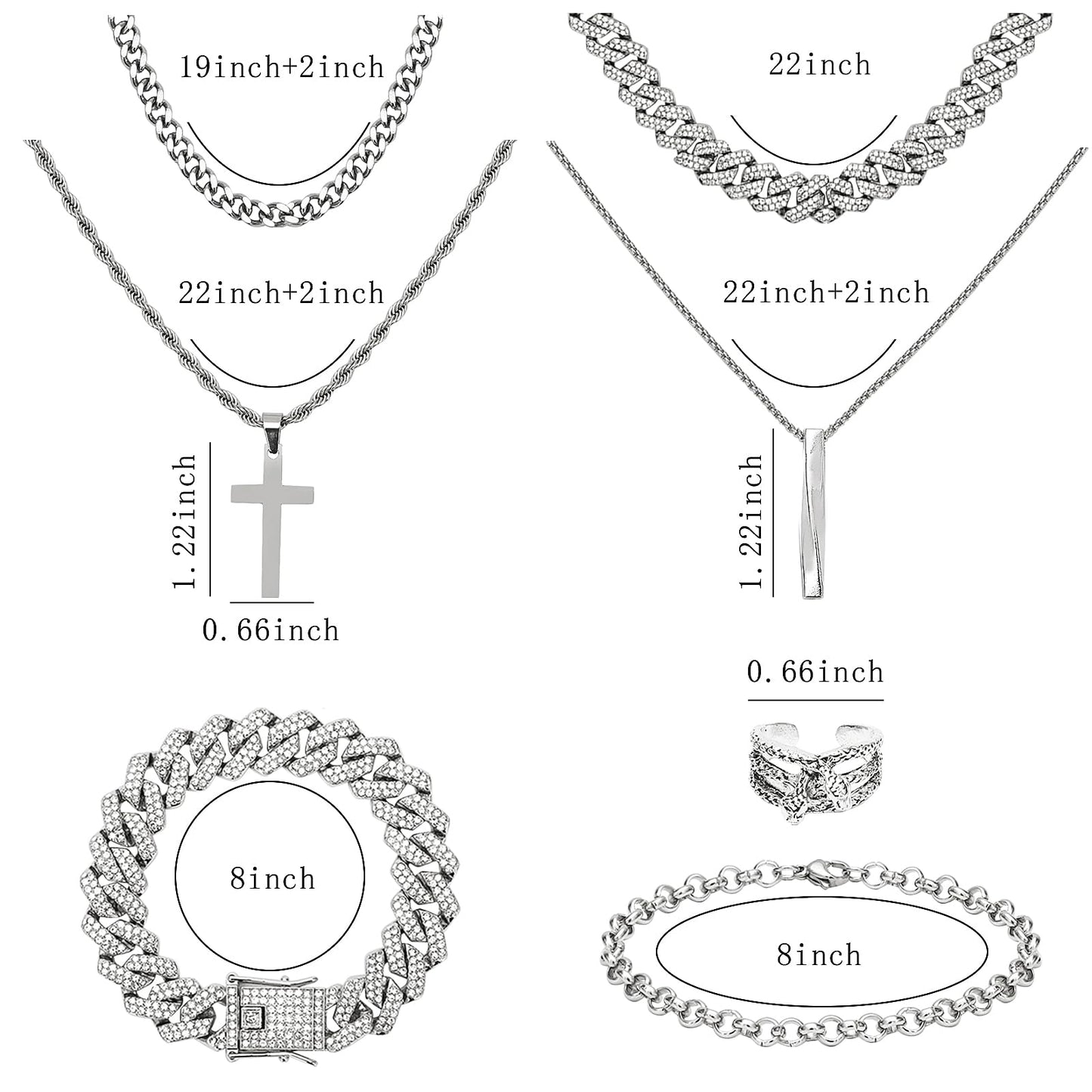 NEWITIN 15 Pieces Silver Jewelry Set for Men Stainless Steel Cuban Link Necklace Bracelet Cross Pendant Necklace Vintage Ring Cuban Jewelry Set for Men Women