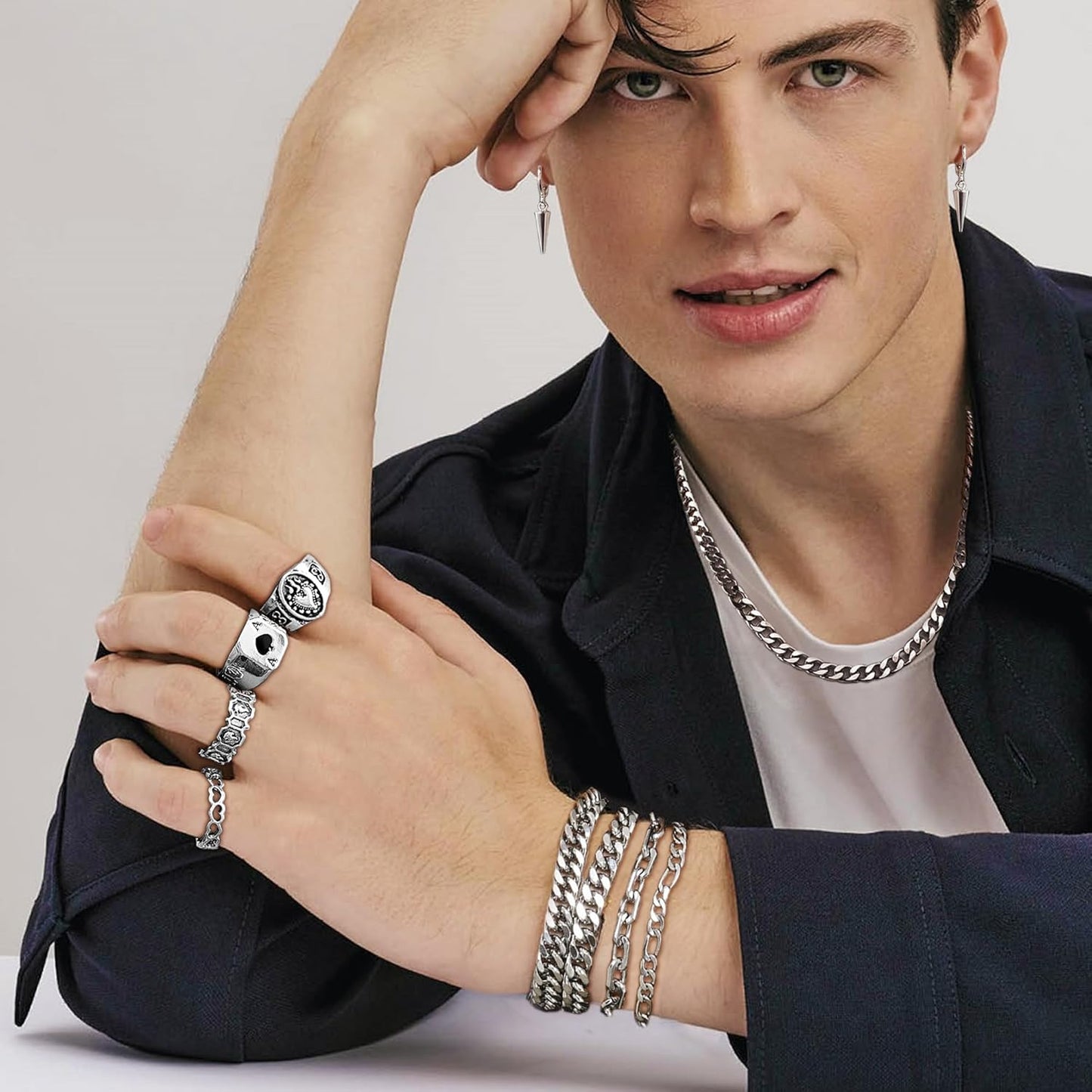 37 Pcs Jewelry Set for Men Stainless Steel Cuban Link Necklace Bracelet Vintage Rings Hoop Stud Earrings Mens Fashion Jewelry