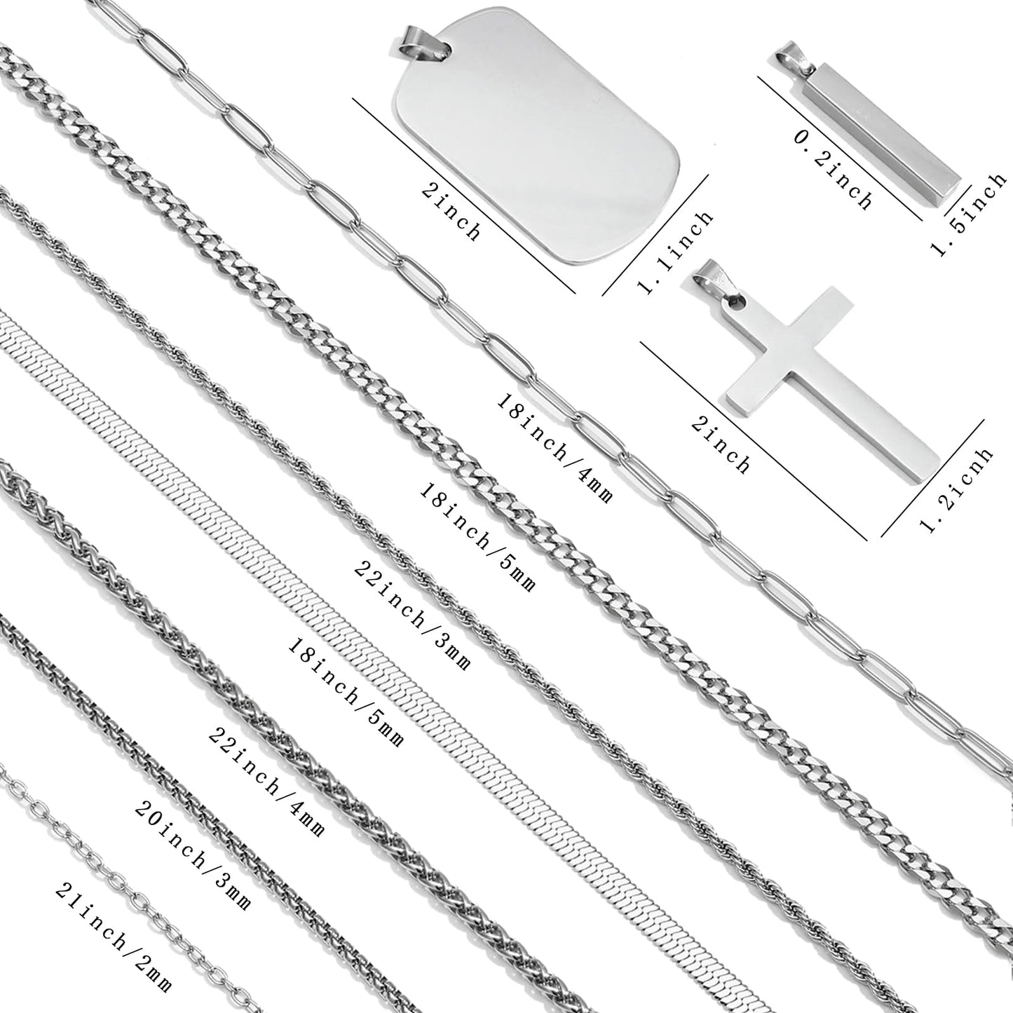 NEWITIN 15 Pieces Silver Jewelry Set for Men Stainless Steel Cuban Link Necklace Bracelet Cross Pendant Necklace Vintage Ring Cuban Jewelry Set for Men Women
