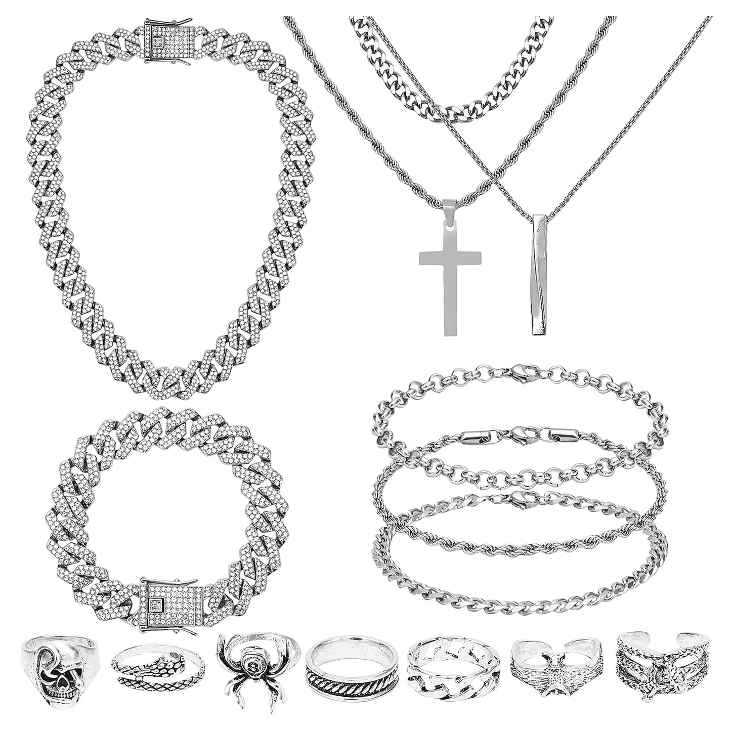 NEWITIN 15 Pieces Silver Jewelry Set for Men Stainless Steel Cuban Link Necklace Bracelet Cross Pendant Necklace Vintage Ring Cuban Jewelry Set for Men Women