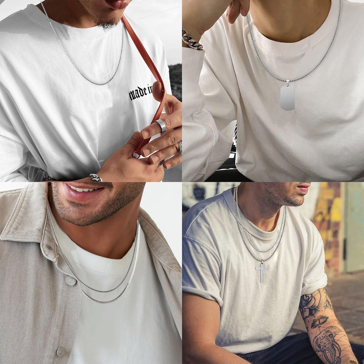 NEWITIN 15 Pieces Silver Jewelry Set for Men Stainless Steel Cuban Link Necklace Bracelet Cross Pendant Necklace Vintage Ring Cuban Jewelry Set for Men Women