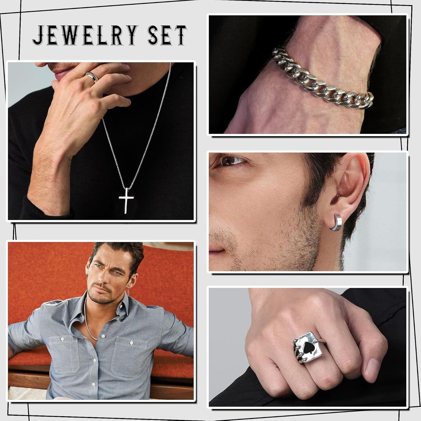 37 Pcs Jewelry Set for Men Stainless Steel Cuban Link Necklace Bracelet Vintage Rings Hoop Stud Earrings Mens Fashion Jewelry