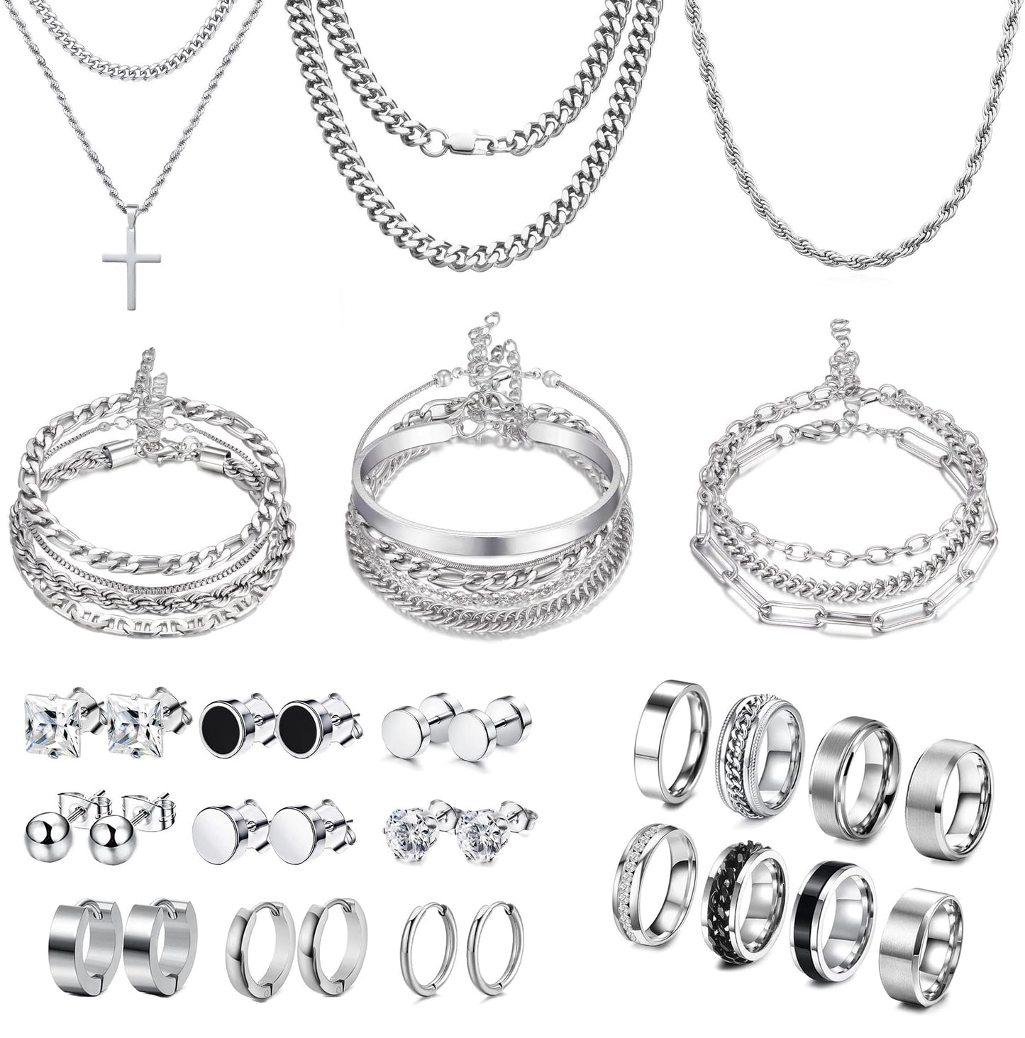 33 Pcs Jewelry Set for Men Stainless Steel Band Ring Cuban Link Necklace Bracelet Hoop Stud Earrings Mens Jewelry Set