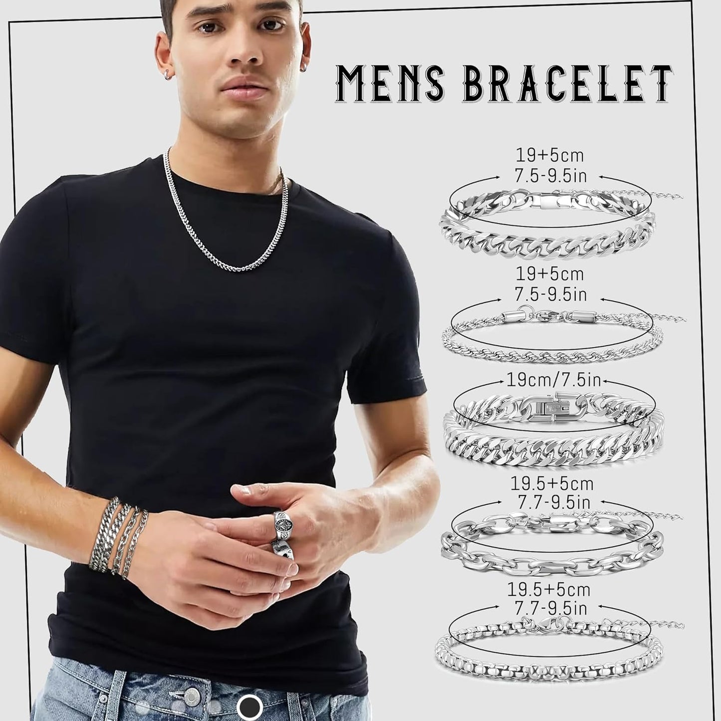 37 Pcs Jewelry Set for Men Stainless Steel Cuban Link Necklace Bracelet Vintage Rings Hoop Stud Earrings Mens Fashion Jewelry
