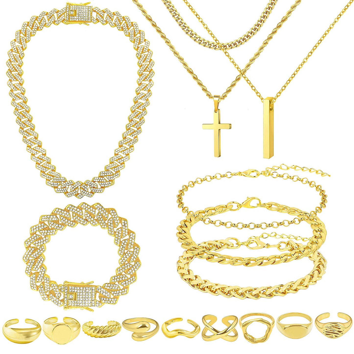 NEWITIN 15 Pieces Silver Jewelry Set for Men Stainless Steel Cuban Link Necklace Bracelet Cross Pendant Necklace Vintage Ring Cuban Jewelry Set for Men Women
