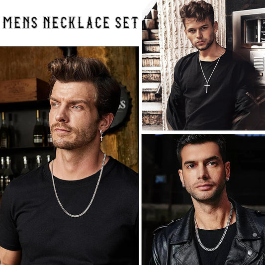 37 Pcs Jewelry Set for Men Stainless Steel Cuban Link Necklace Bracelet Vintage Rings Hoop Stud Earrings Mens Fashion Jewelry
