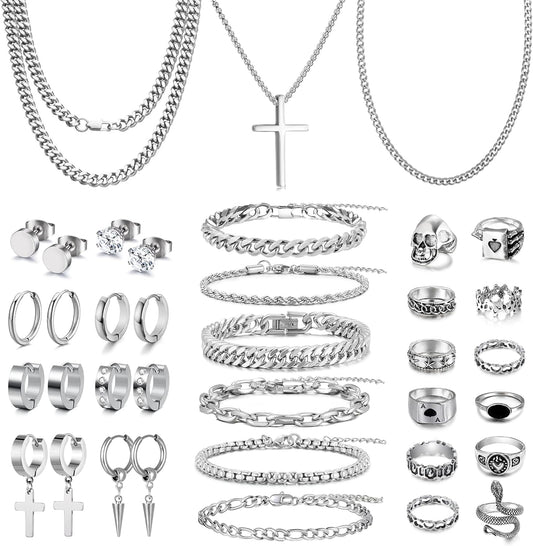 37 Pcs Jewelry Set for Men Stainless Steel Cuban Link Necklace Bracelet Vintage Rings Hoop Stud Earrings Mens Fashion Jewelry