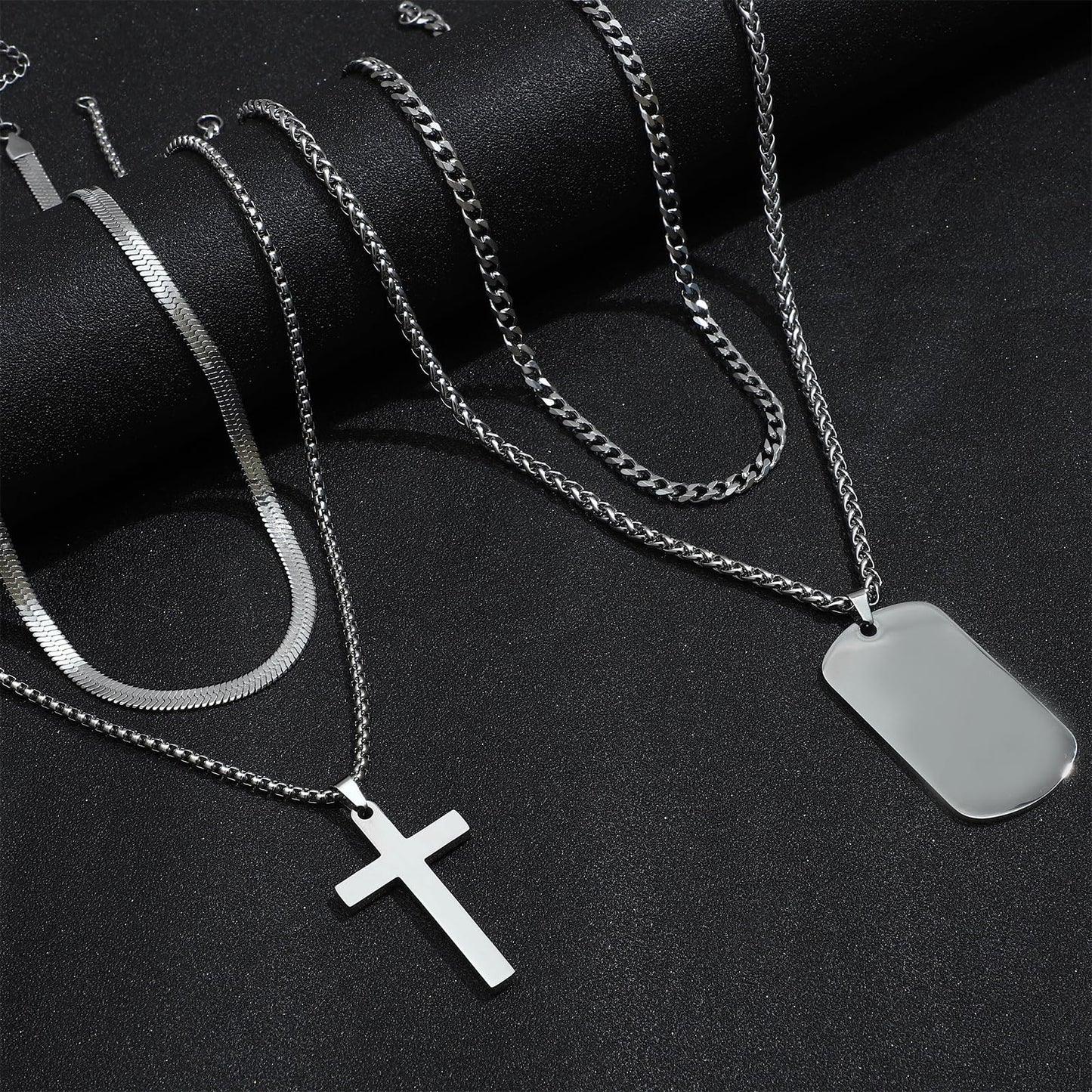 NEWITIN 15 Pieces Silver Jewelry Set for Men Stainless Steel Cuban Link Necklace Bracelet Cross Pendant Necklace Vintage Ring Cuban Jewelry Set for Men Women