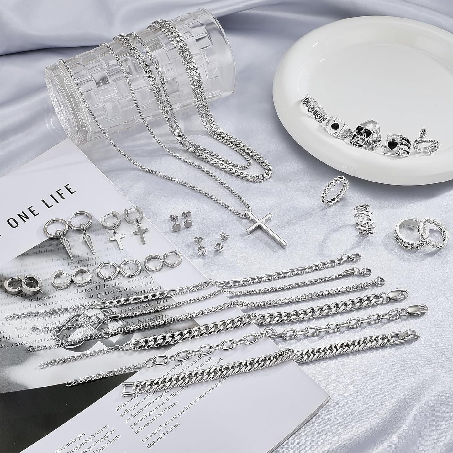 37 Pcs Jewelry Set for Men Stainless Steel Cuban Link Necklace Bracelet Vintage Rings Hoop Stud Earrings Mens Fashion Jewelry