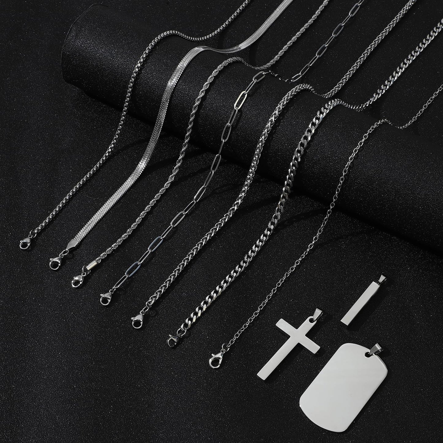 NEWITIN 15 Pieces Silver Jewelry Set for Men Stainless Steel Cuban Link Necklace Bracelet Cross Pendant Necklace Vintage Ring Cuban Jewelry Set for Men Women